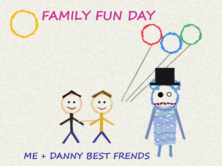 A crayon drawing from Family Fun Day: two kids holding hands next to Mr. Grinsley and balloons, captioned 'ME + DANNY BEST FRENDS'