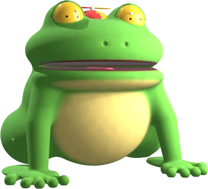 Big Gobbo, a giant green frog with yellow eyes and a propeller beanie
