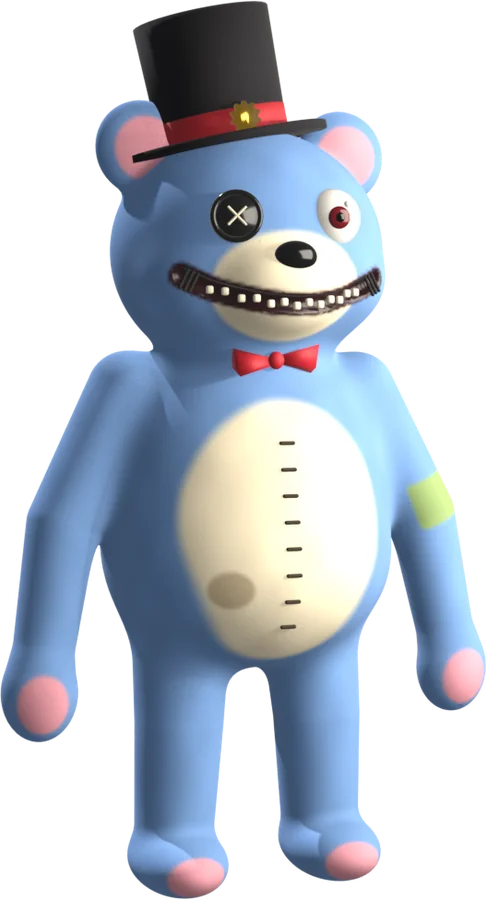 Mr. Grinsley, a powder-blue clockwork teddy bear with a top hat, one button eye and a zipper grin