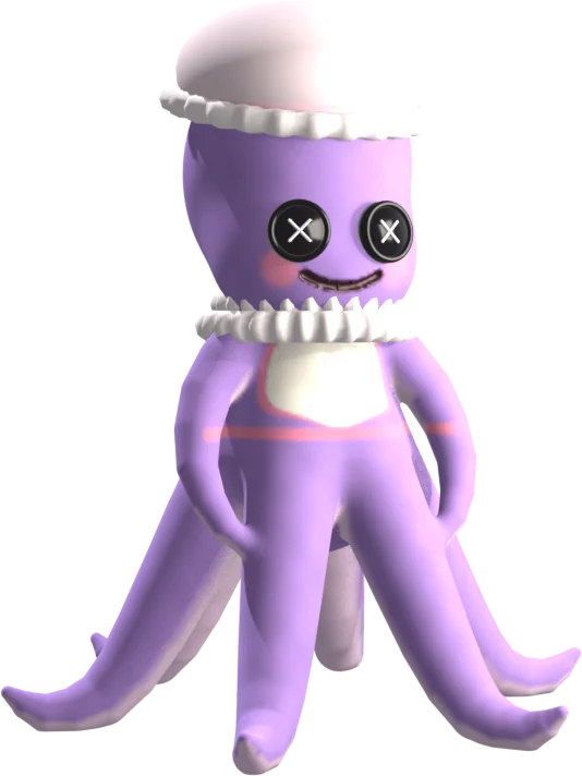 Nanny Noodles, a lavender octopus in a frilly mob-cap and ruff collar, with button eyes and a stitched smile