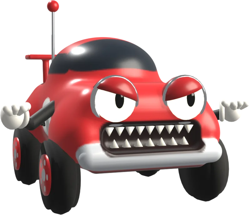 Revvy Roadster, a living red toy car with headlight eyes, white gloves and a grille full of teeth